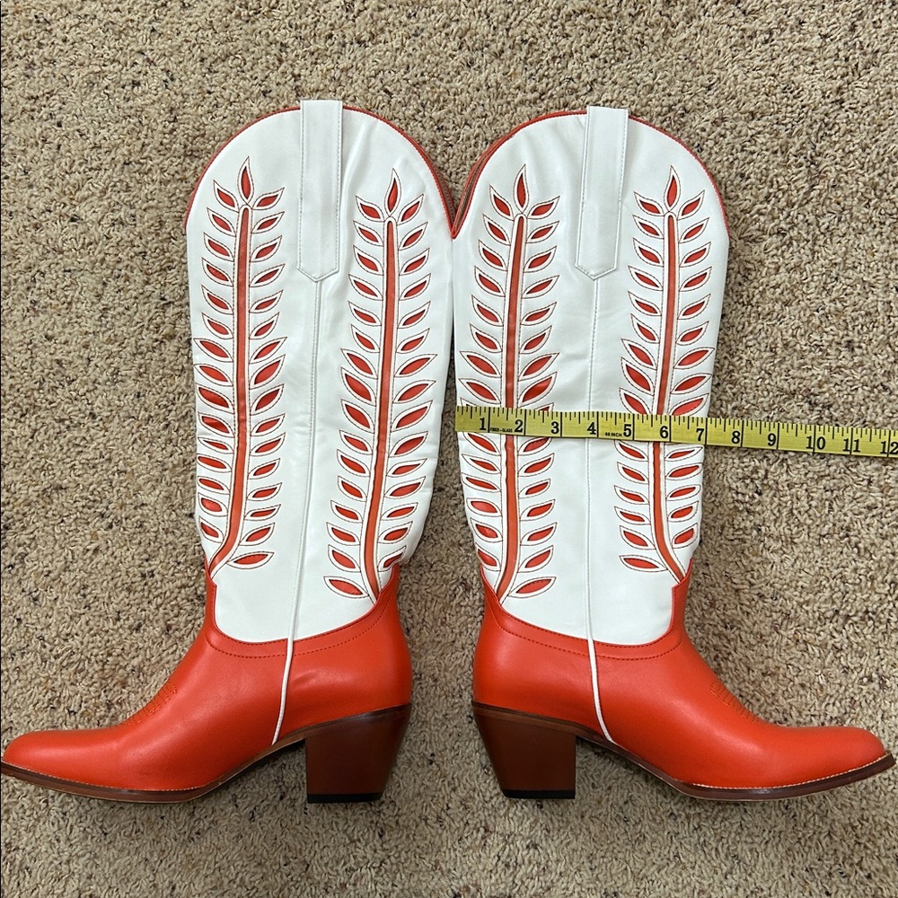 Cowboy Boot Tall Orange White Leaves Inlay Stitching Wide Calf Heel 1.5" Size 8 - Picture 13 of 13